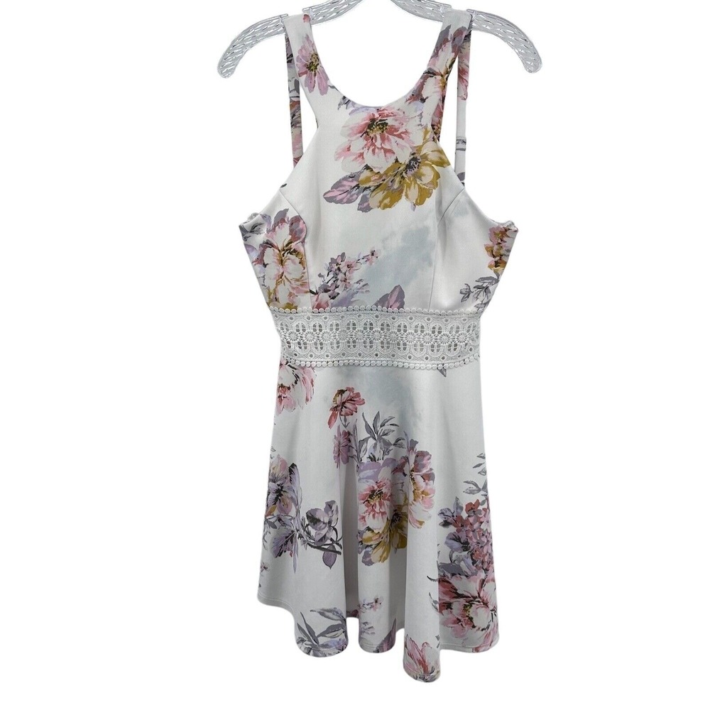 City Triangle Women 11 Floral Mini Dress White Pink Crochet Lace Waist 7885-RT5C